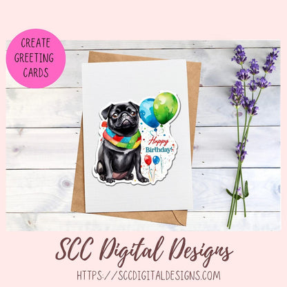 Pug Birthday Digital Stickers for Planners & Scrapbooking, Printable Stickers Paper Planner Accessories for Women, For Kids DIY Gift for Her