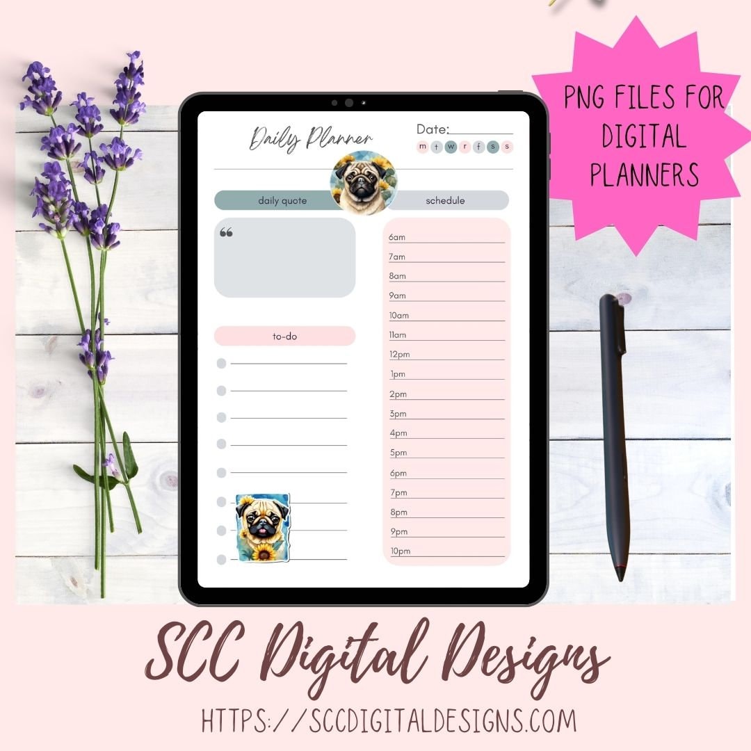 Pugs & Kisses Stickers for Digital Planners and Scrapbooking, Printable Pre-Cropped Stickers Paper Planner Accessories for the Dog Lover