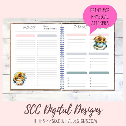 Tea Cups and Sunflower Stickers for Digital Planners, Printable Planner Accessories for Scrapbooking & DIY Gift for Kids Sticker Book