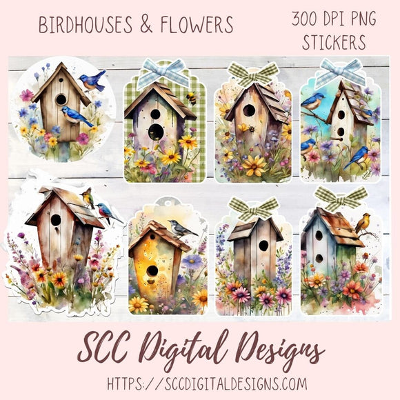 Floral Clipart Printable Stickers for Book, Birdhouse PNG Files for Sublimation for Tumblers, Digital Planners & Scrapbooking For Women