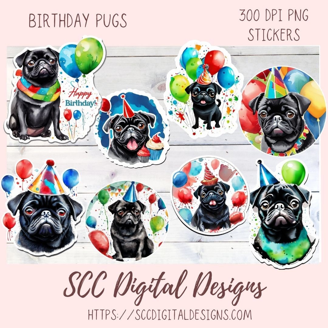 Pug Birthday Digital Stickers for Planners & Scrapbooking