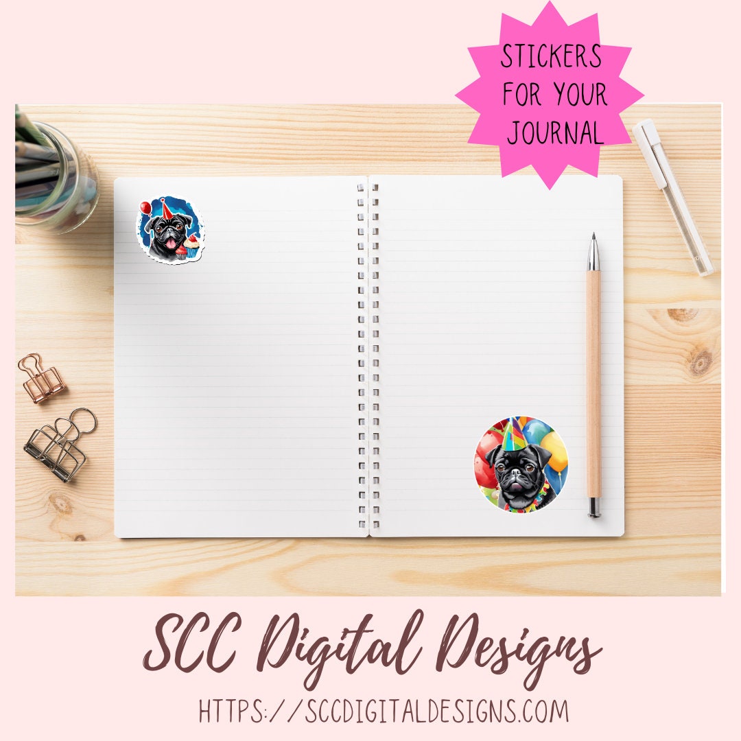 Pug Birthday Digital Stickers for Planners & Scrapbooking, Printable Stickers Paper Planner Accessories for Women, For Kids DIY Gift for Her