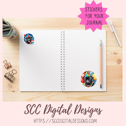 Pug Birthday Digital Stickers for Planners & Scrapbooking, Printable Stickers Paper Planner Accessories for Women, For Kids DIY Gift for Her