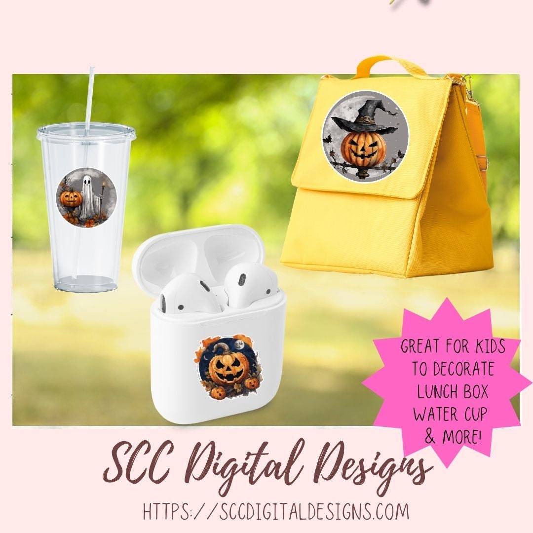 Spooky & Witchy Pumpkins Clipart Stickers for Digital & Paper Planners, Pre-Cropped Scrapbooking Embellishments, Halloween Fall PNG Accessories