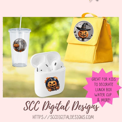 Spooky & Witchy Pumpkins Clipart Stickers for Digital & Paper Planners, Pre-Cropped Scrapbooking Embellishments, Halloween Fall PNG Accessories