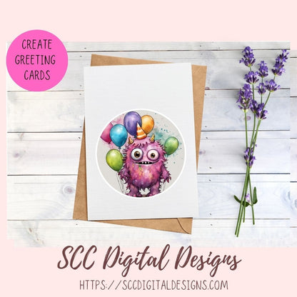 Cute Monsters Clipart Stickers for Digital & Paper Planners, Birthday PNG PreCropped Colorful Creatures for Kids Sticker Books Party Invites