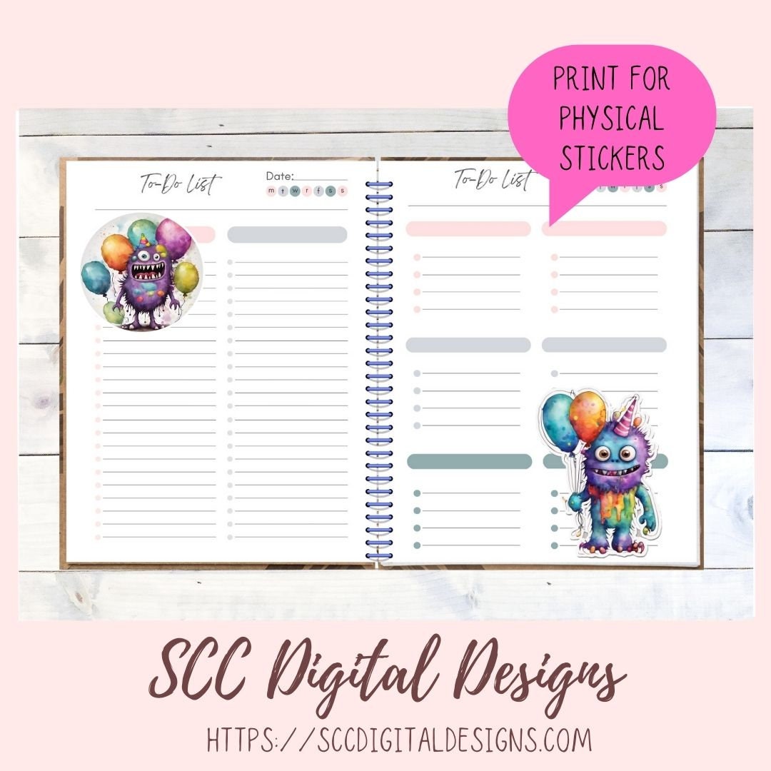 Cute Monsters Clipart Stickers for Digital & Paper Planners, Birthday PNG PreCropped Colorful Creatures for Kids Sticker Books Party Invites