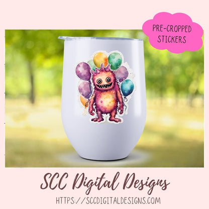 Cute Monsters Clipart Stickers for Digital & Paper Planners, Birthday PNG PreCropped Colorful Creatures for Kids Sticker Books Party Invites