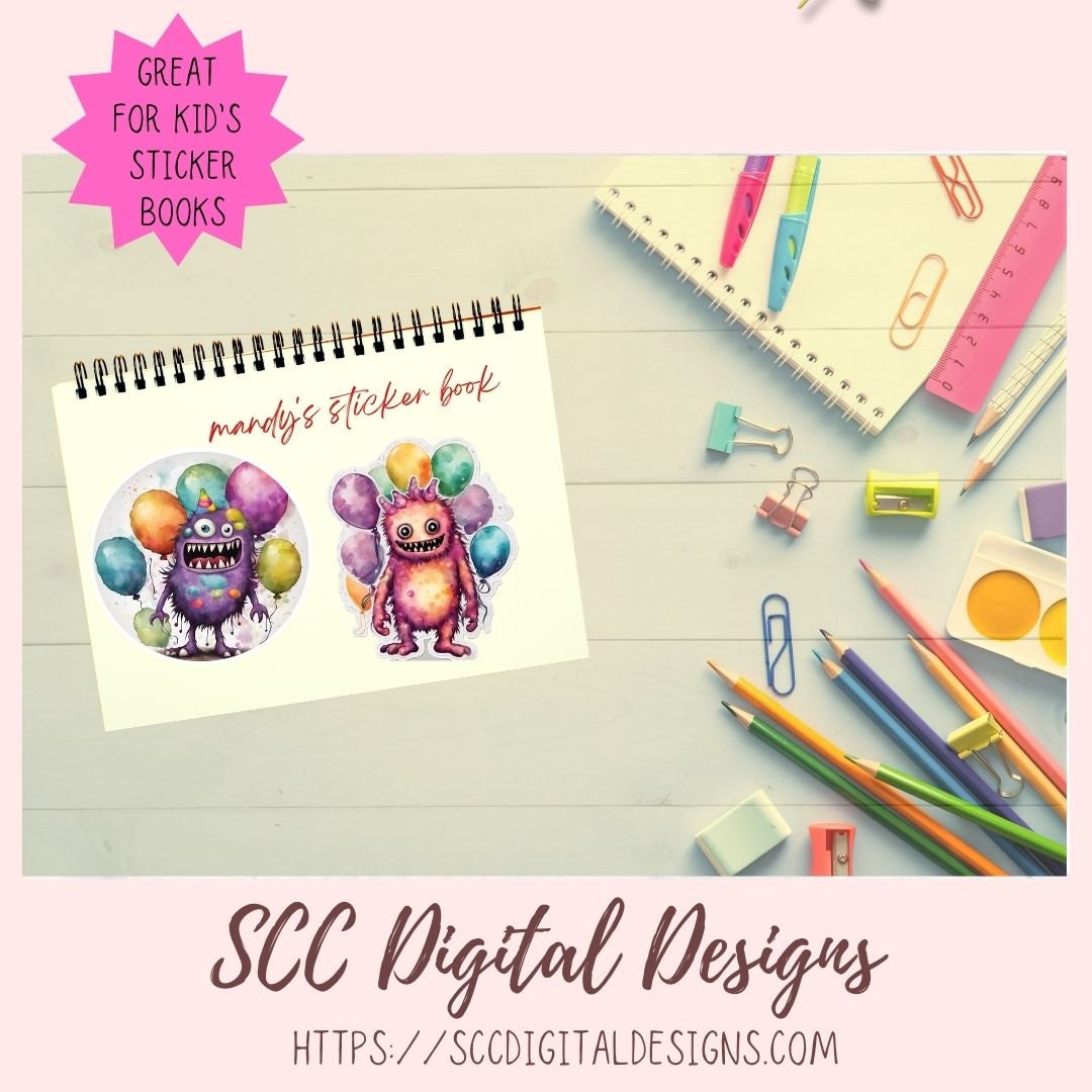 Cute Monsters Clipart Stickers for Digital & Paper Planners, Birthday PNG PreCropped Colorful Creatures for Kids Sticker Books Party Invites