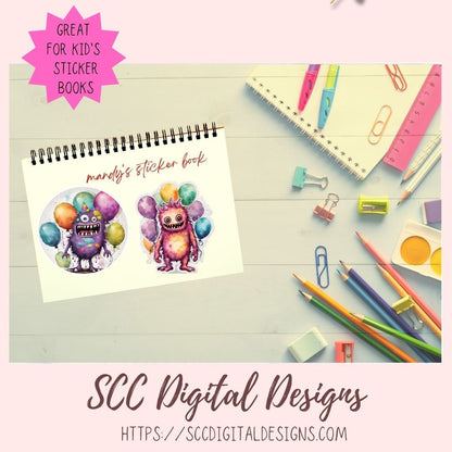 Cute Monsters Clipart Stickers for Digital & Paper Planners, Birthday PNG PreCropped Colorful Creatures for Kids Sticker Books Party Invites