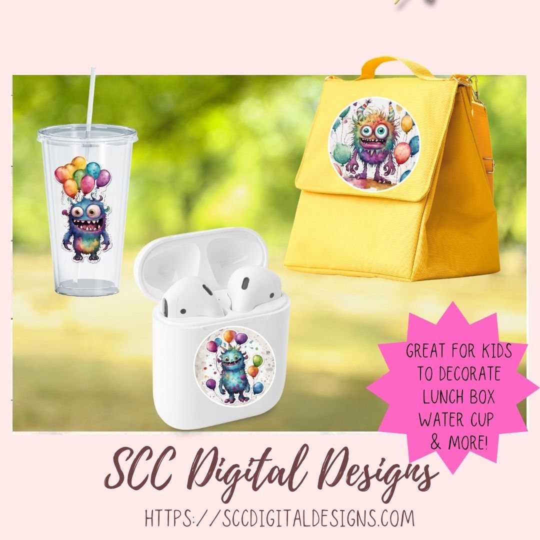 Cute Monsters Clipart Stickers for Digital & Paper Planners, Birthday PNG PreCropped Colorful Creatures for Kids Sticker Books Party Invites