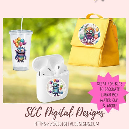 Cute Monsters Clipart Stickers for Digital & Paper Planners, Birthday PNG PreCropped Colorful Creatures for Kids Sticker Books Party Invites