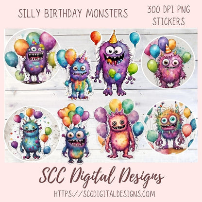 Cute Monsters Clipart Stickers for Digital & Paper Planners, Birthday PNG PreCropped Colorful Creatures for Kids Sticker Books Party Invites