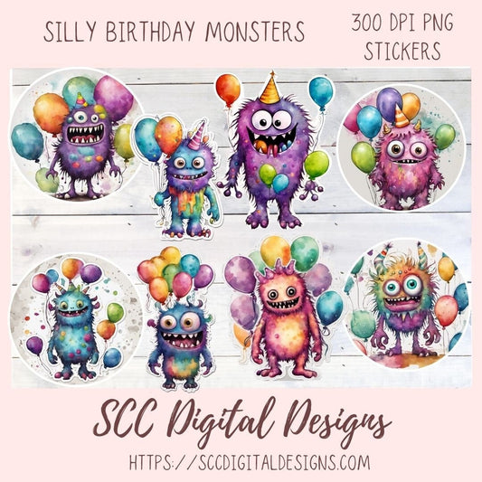 Cute Monsters Clipart Stickers for Digital & Paper Planners, Birthday PNG PreCropped Colorful Creatures for Kids Sticker Books Party Invites