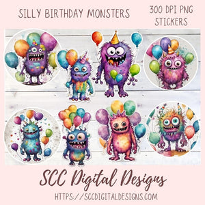 Cute Monsters Clipart Stickers for Digital & Paper Planners, Birthday PNG PreCropped Colorful Creatures for Kids Sticker Books Party Invites