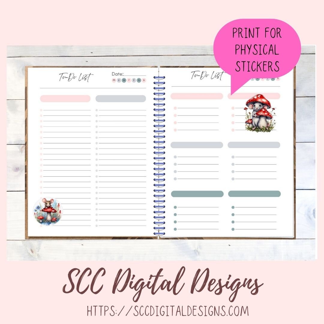Cute Mice PNG Stickers for Digital & Paper Planners, Mushroom Mouse Decal Printable Pre-Cropped Clipart, Animal Drawings for Digital Scrapbooking & Junk Journals