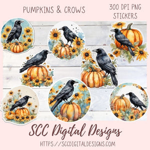 Fall Harvest Pumpkins Crows & Sunflowers PNG Stickers for Digital or Paper Planners, Commercial Use Pre-Cropped Printable Halloween Clipart