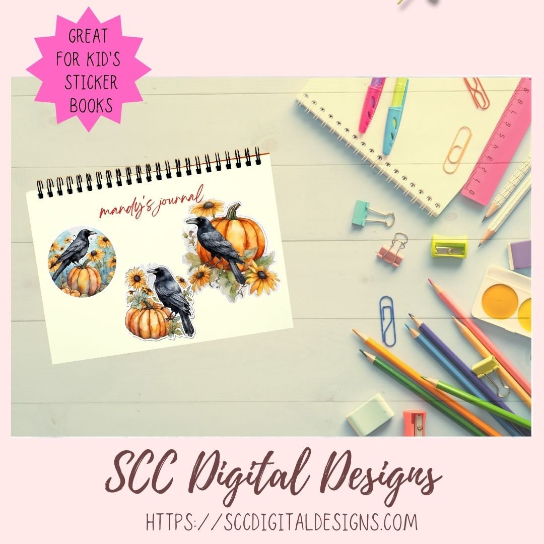 Fall Harvest Pumpkins Crows & Sunflowers PNG Stickers for Digital or Paper Planners, Commercial Use Pre-Cropped Printable Halloween Clipart