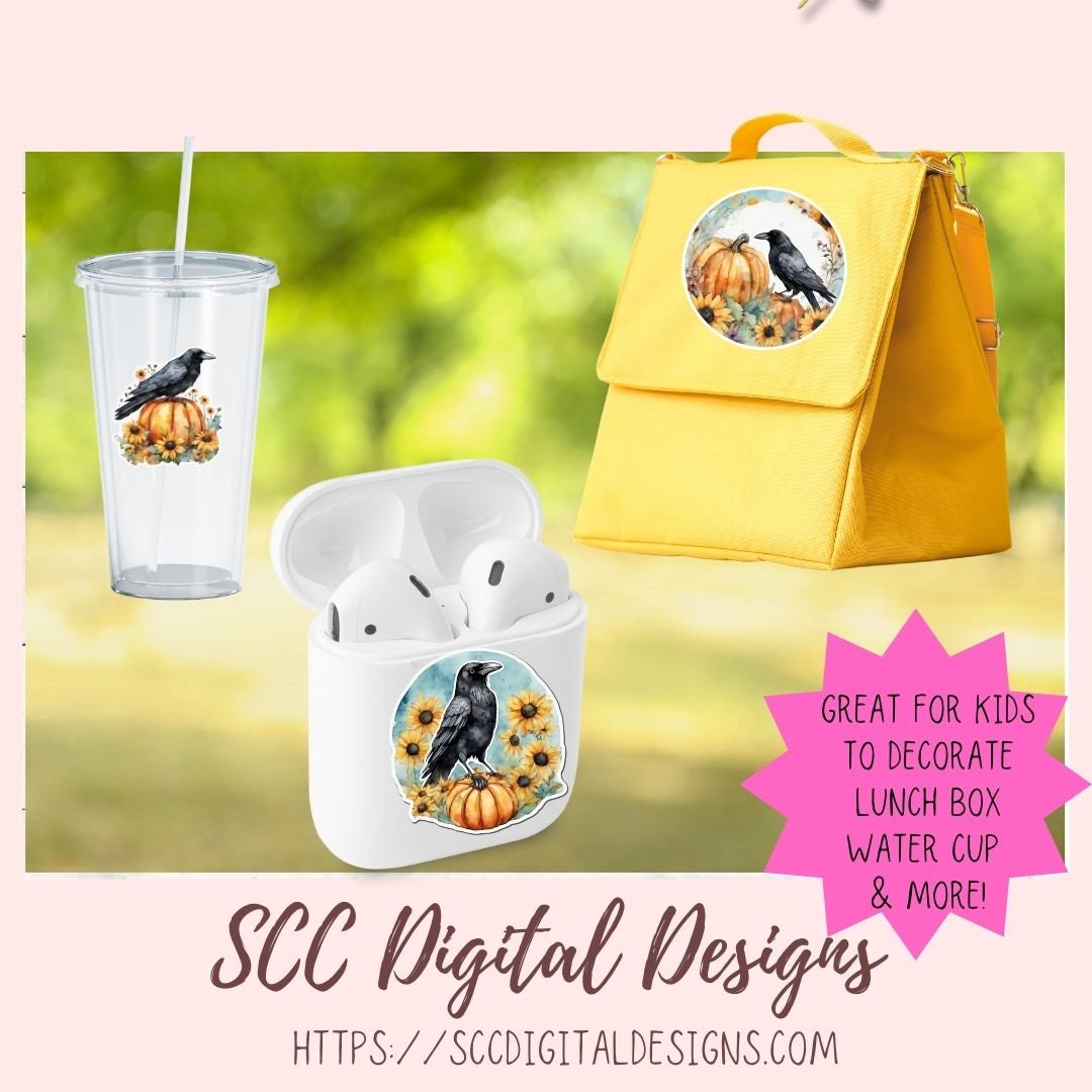 Fall Harvest Pumpkins Crows & Sunflowers PNG Stickers for Digital or Paper Planners, Commercial Use Pre-Cropped Printable Halloween Clipart