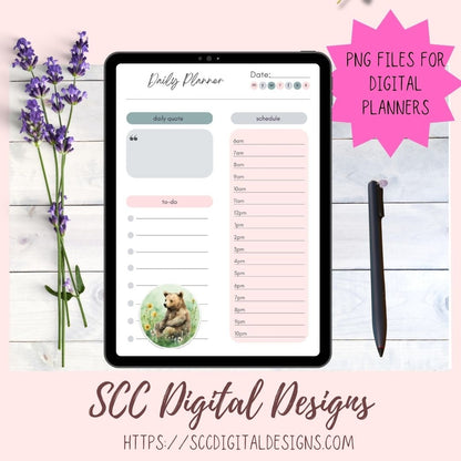 Whimsical Bear PNG Stickers for Digital or Paper Planners, Commercial Use Pre-Cropped Printable Wildlife Clipart Digital Scrapbooking