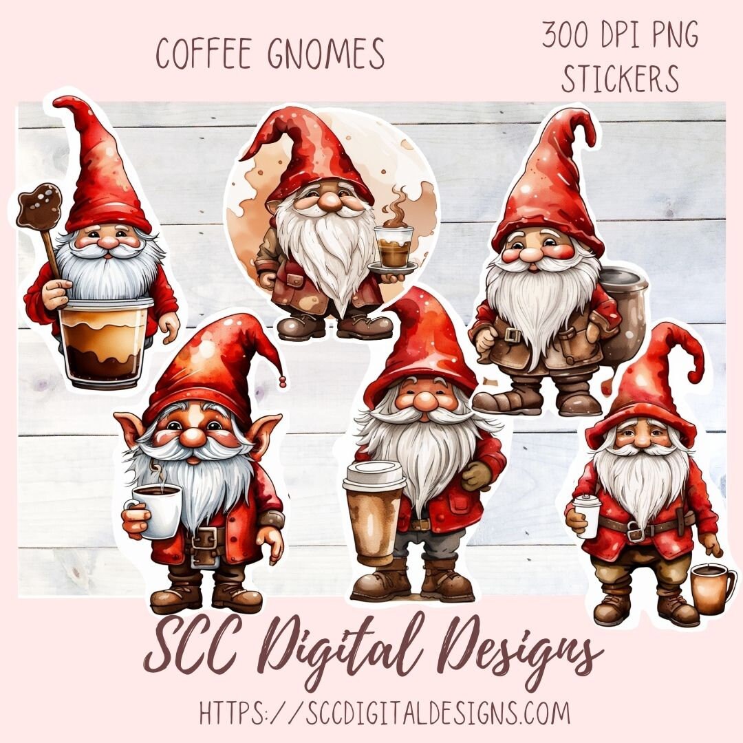 Coffee Gnome Stickers for Digital or Paper Planners, DIY Gift for Her Commercial Use Pre-Cropped Printable for Scrapbooking Journals Kids