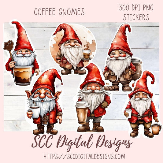 Coffee Gnome Stickers for Digital or Paper Planners, DIY Gift for Her Commercial Use Pre-Cropped Printable for Scrapbooking Journals Kids