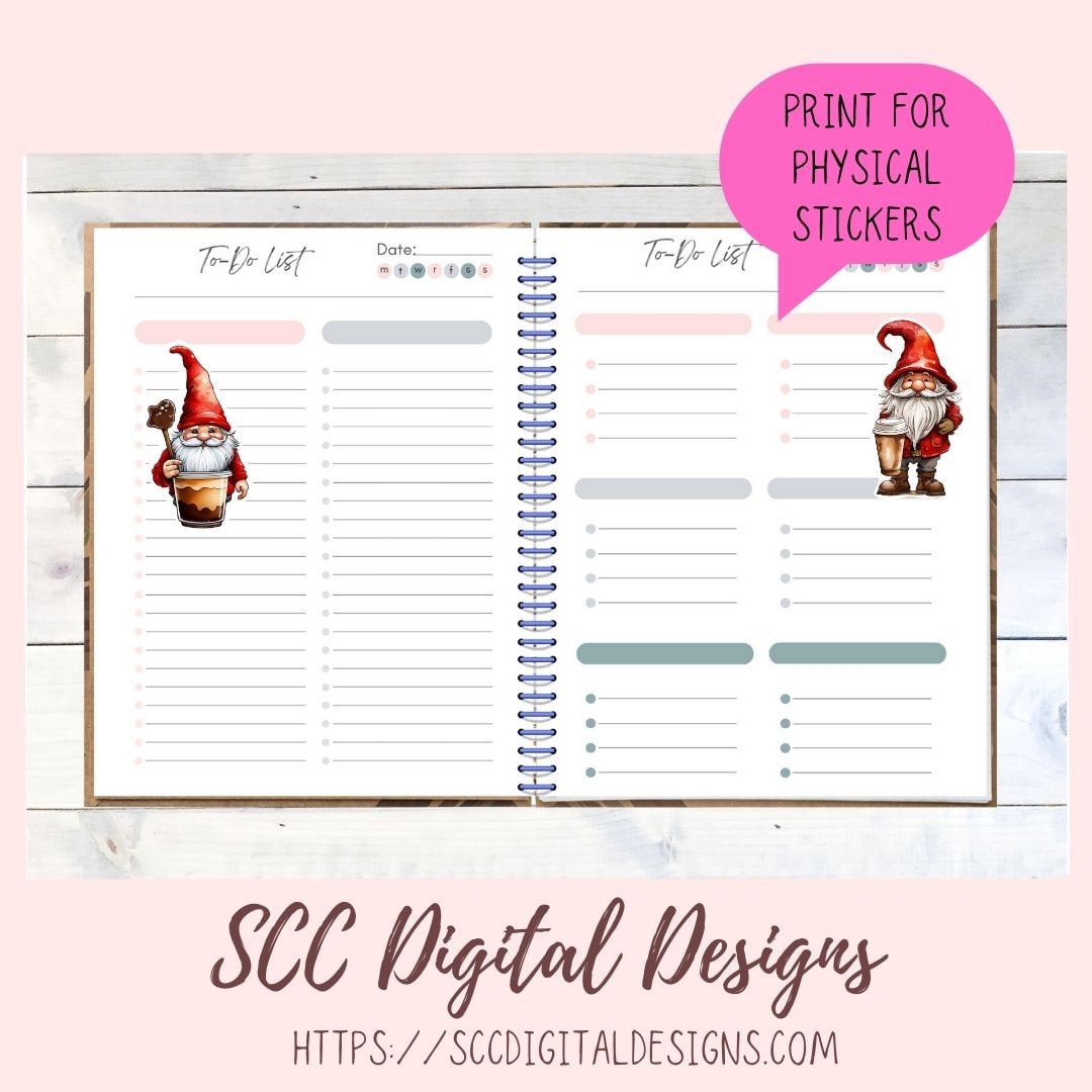 Coffee Gnome Stickers for Digital or Paper Planners, DIY Gift for Her Commercial Use Pre-Cropped Printable for Scrapbooking Journals Kids