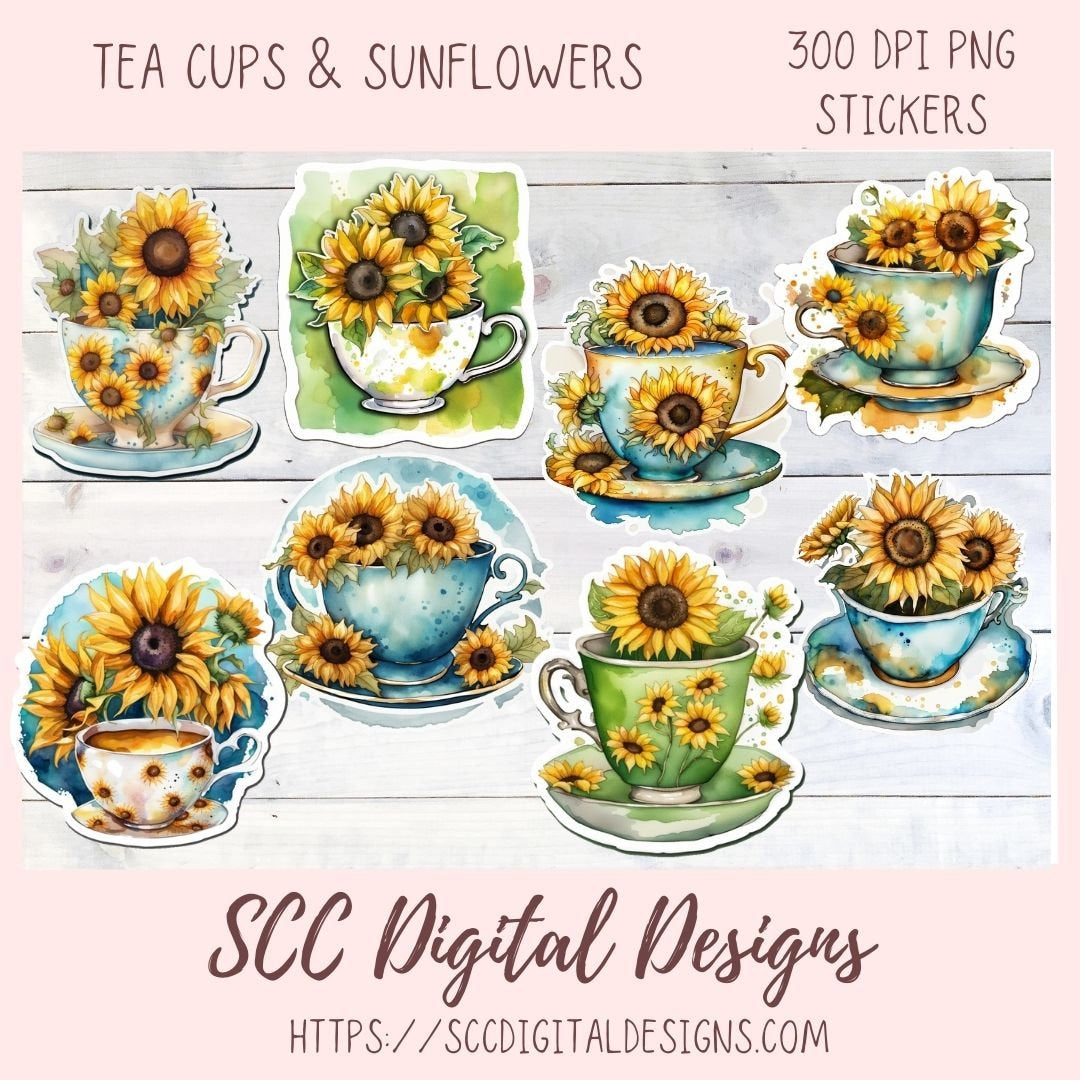 Tea Cups and Sunflower Stickers for Digital Planners, Printable Planner Accessories for Scrapbooking & DIY Gift for Kids Sticker Book