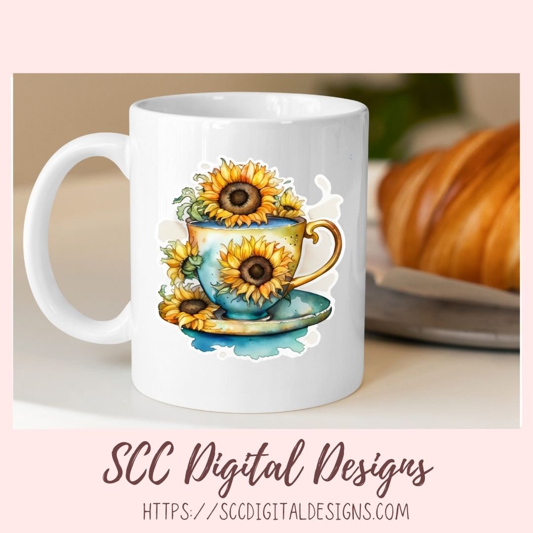 Tea Cups and Sunflower Stickers for Digital Planners, Printable Planner Accessories for Scrapbooking & DIY Gift for Kids Sticker Book