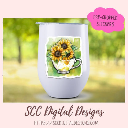 Tea Cups and Sunflower Stickers for Digital Planners, Printable Planner Accessories for Scrapbooking & DIY Gift for Kids Sticker Book
