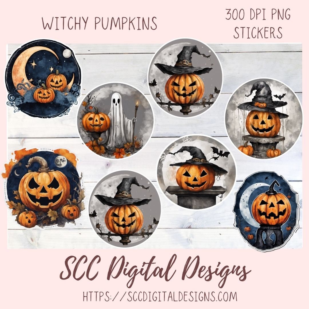 Spooky & Witchy Pumpkins Clipart Stickers for Digital & Paper Planners, Pre-Cropped Scrapbooking Embellishments, Halloween Fall PNG Accessories