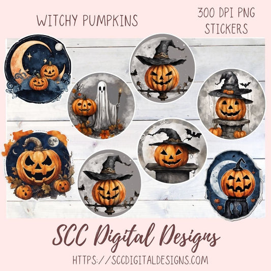 Spooky & Witchy Pumpkins Clipart Stickers for Digital & Paper Planners, Pre-Cropped Scrapbooking Embellishments, Halloween Fall PNG Accessories
