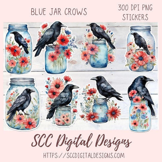 Crows and Blue Jars PNG Stickers for Digital & Paper Planners, Printable Pre-Cropped Clipart for Scrapbooking for Paper Planner Accessories