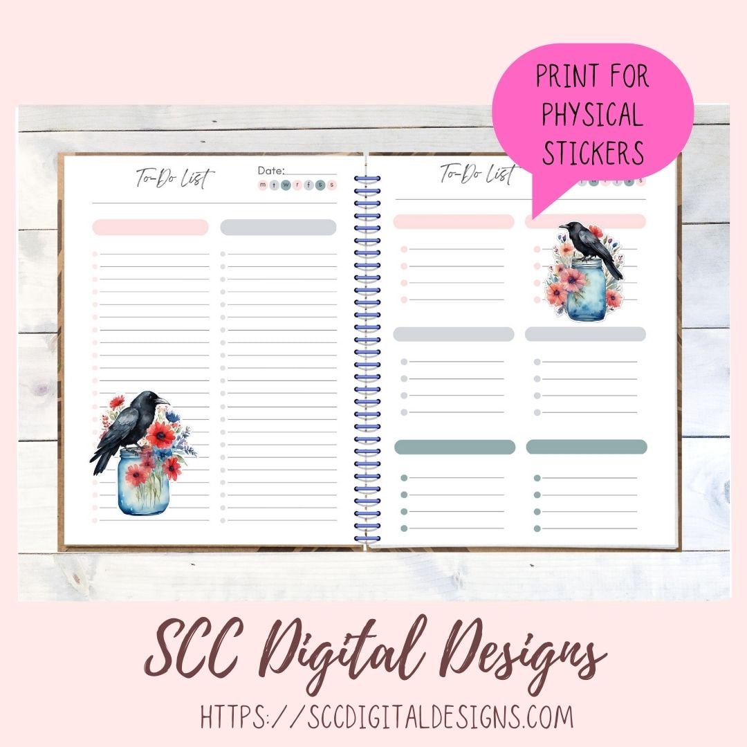 Crows and Blue Jars PNG Stickers for Digital & Paper Planners, Printable Pre-Cropped Clipart for Scrapbooking for Paper Planner Accessories