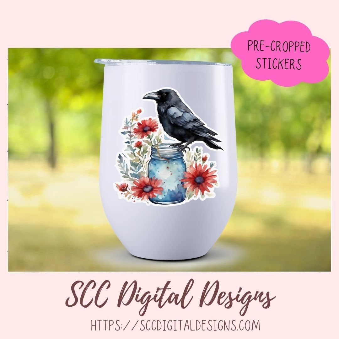 Crows and Blue Jars PNG Stickers for Digital & Paper Planners, Printable Pre-Cropped Clipart for Scrapbooking for Paper Planner Accessories