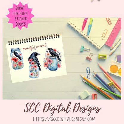 Crows and Blue Jars PNG Stickers for Digital & Paper Planners, Printable Pre-Cropped Clipart for Scrapbooking for Paper Planner Accessories
