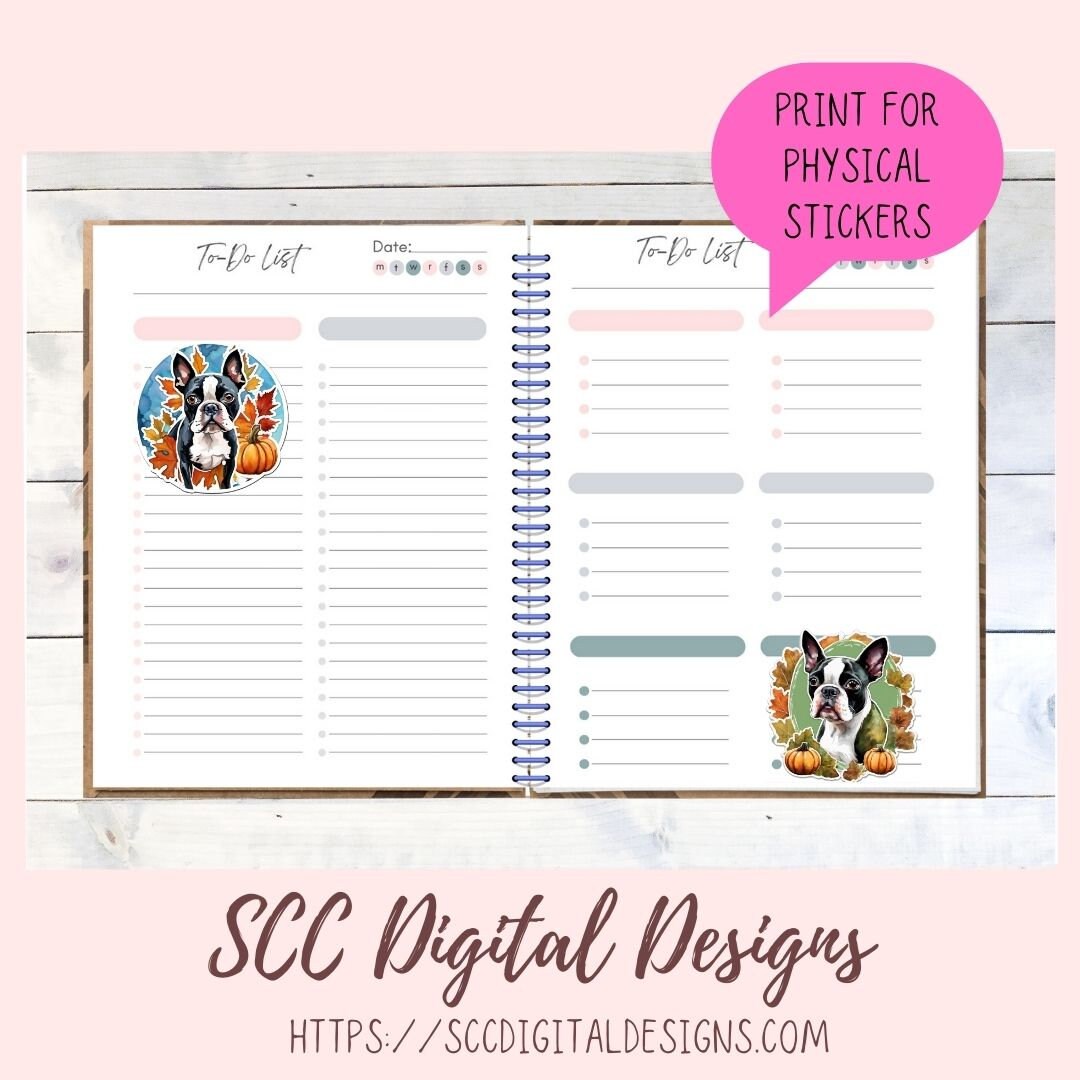 Boston Terrier Stickers for Digital & Paper Planners, Cute Dog Decal Printable Pre-Cropped Clipart, Animal Drawings for Junk Journaling