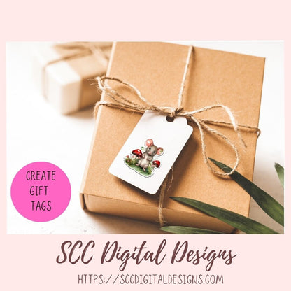 Cute Mice PNG Stickers for Digital & Paper Planners, Mushroom Mouse Decal Printable Pre-Cropped Clipart, Animal Drawings for Digital Scrapbooking & Junk Journals