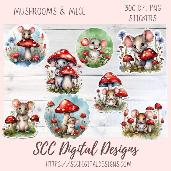 Cute Mice PNG Stickers for Digital & Paper Planners, Mushroom Mouse Decal Printable Pre-Cropped Clipart, Animal Drawings for Digital Scrapbooking & Junk Journals
