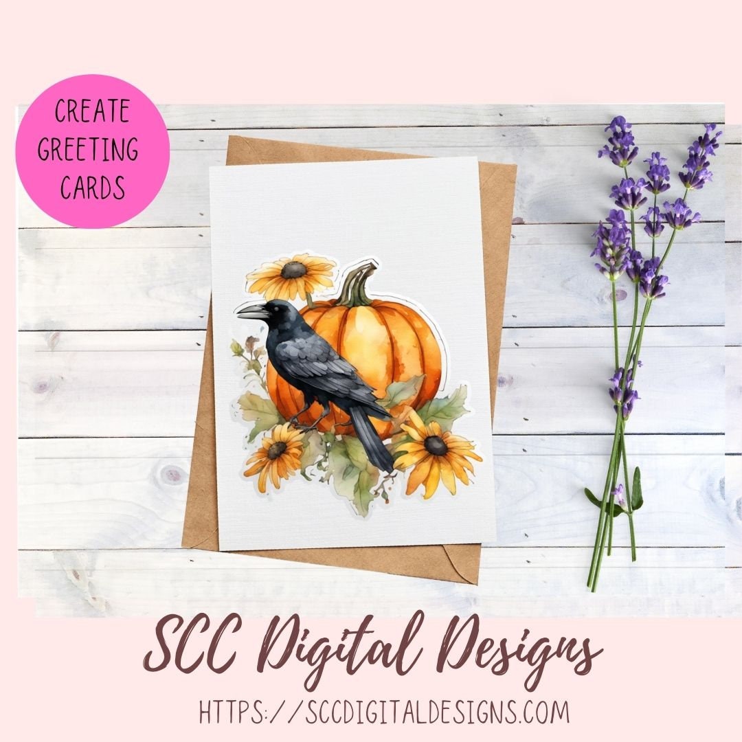 Fall Harvest Pumpkins Crows & Sunflowers PNG Stickers for Digital or Paper Planners, Commercial Use Pre-Cropped Printable Halloween Clipart