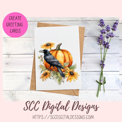 Fall Harvest Pumpkins Crows & Sunflowers PNG Stickers for Digital or Paper Planners, Commercial Use Pre-Cropped Printable Halloween Clipart