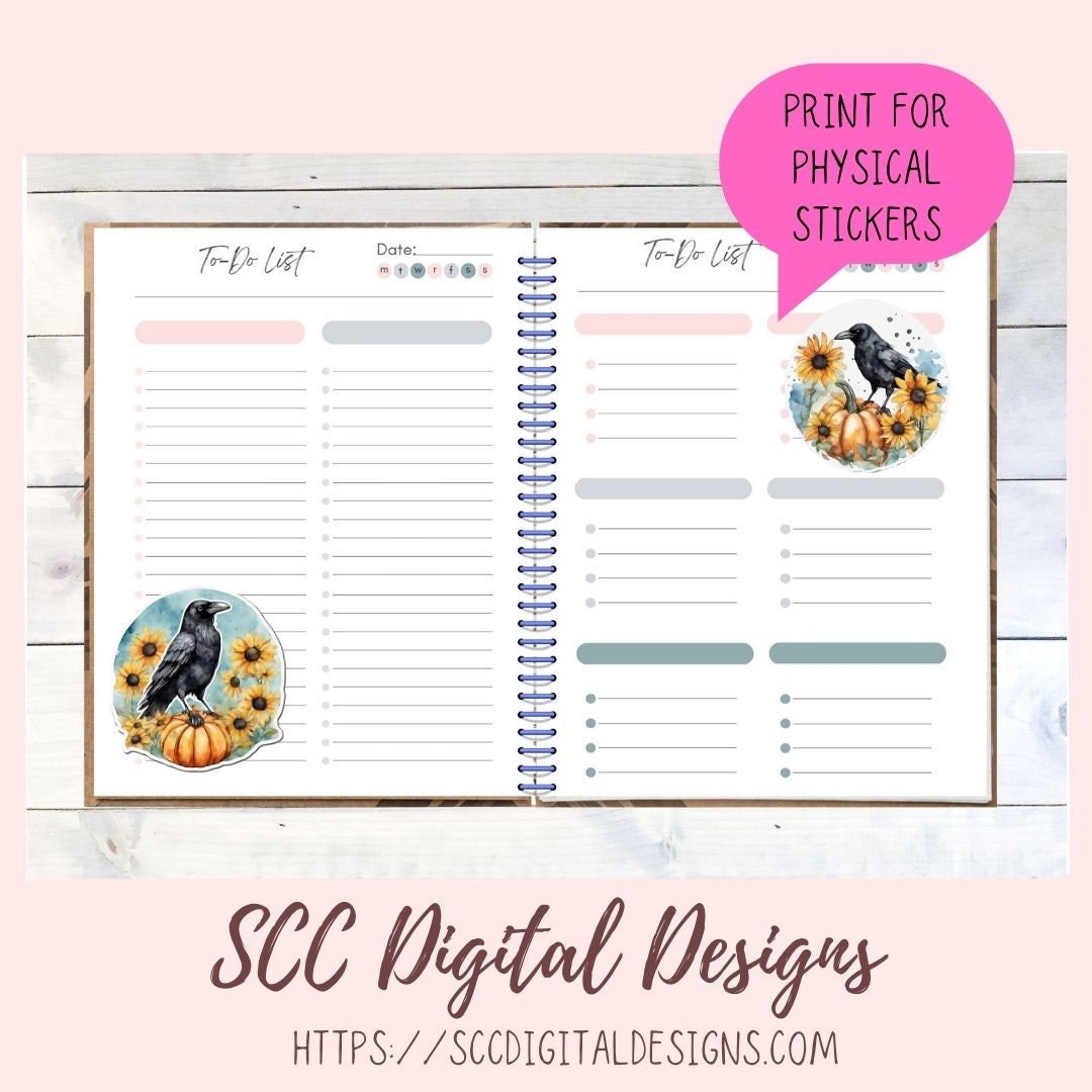 Fall Harvest Pumpkins Crows & Sunflowers PNG Stickers for Digital or Paper Planners, Commercial Use Pre-Cropped Printable Halloween Clipart