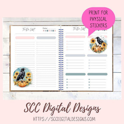 Fall Harvest Pumpkins Crows & Sunflowers PNG Stickers for Digital or Paper Planners, Commercial Use Pre-Cropped Printable Halloween Clipart