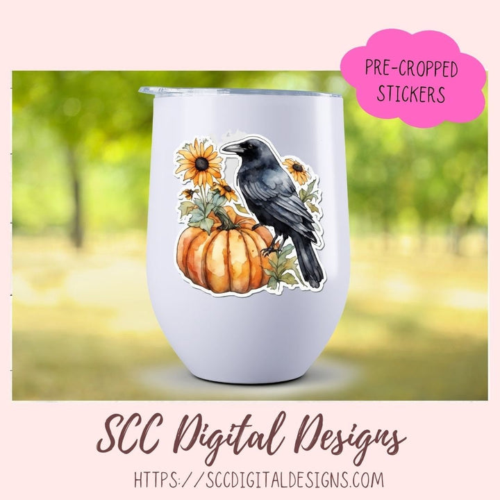 Fall Harvest Pumpkins Crows & Sunflowers PNG Stickers for Digital or Paper Planners, Commercial Use Pre-Cropped Printable Halloween Clipart