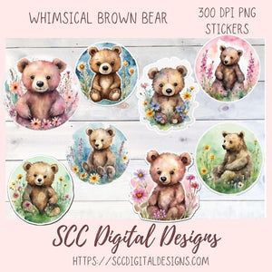 Whimsical Bear PNG Stickers for Digital or Paper Planners, Commercial Use Pre-Cropped Printable Wildlife Clipart Digital Scrapbooking