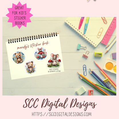 Whimsical Bear PNG Stickers for Digital or Paper Planners, Commercial Use Pre-Cropped Printable Wildlife Clipart Digital Scrapbooking