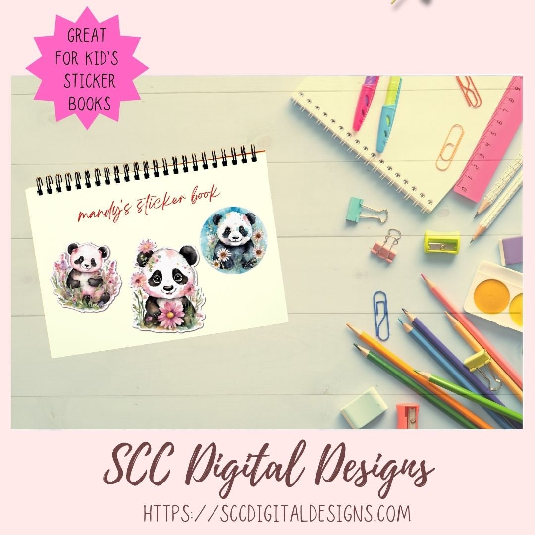 Cute Panda Bear Stickers for Digital or Paper Planners, Commercial Use Pre-Cropped Clipart Printable Stickers for Kids & Women