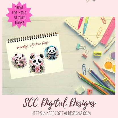 Cute Panda Bear Stickers for Digital or Paper Planners, Commercial Use Pre-Cropped Clipart Printable Stickers for Kids & Women