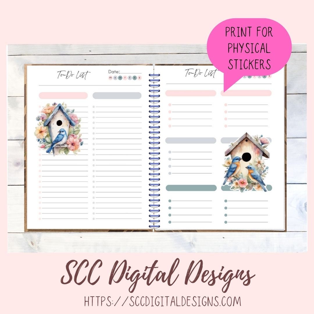 Blue Bird  & Bird Houses Stickers for Digital or Paper Planners, Spring Art for Crafts & Decor, Commercial Use Pre-Cropped Clipart Printable Stickers for Kids, Women, Digital Scrapbooking