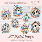 Blue Bird  & Bird Houses Stickers for Digital or Paper Planners, Spring Art for Crafts & Decor, Commercial Use Pre-Cropped Clipart Printable Stickers for Kids, Women, Digital Scrapbooking
